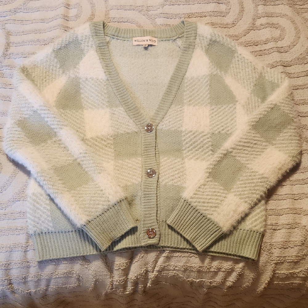 Willow & Wind Mint and Cream Checkered Cardigan